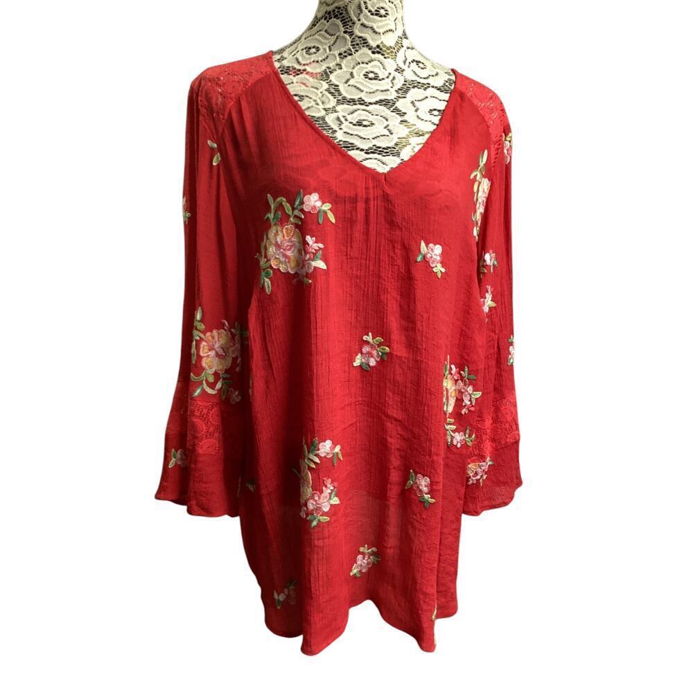 Fig & Flower Anthropologie Embroidered Floral Blouse,V-neckline, 3/4 sleeves 3X